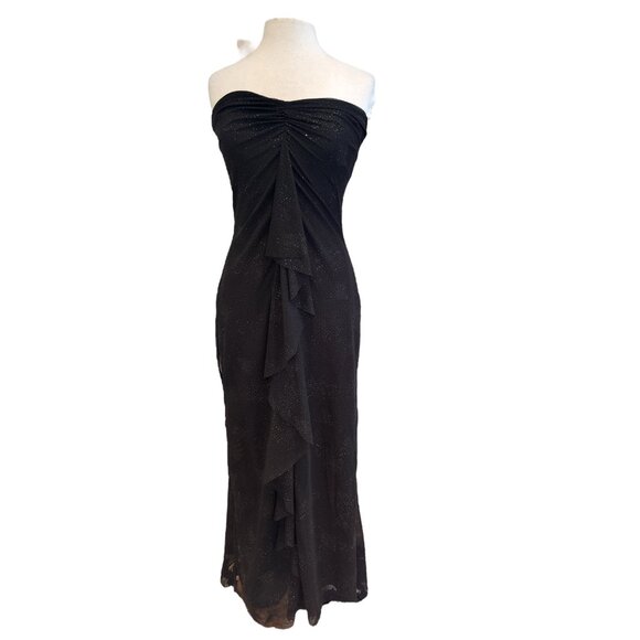 Whimsigoth Black Strapless Evening Dress With Ruched Front & Cascading Ruffle De - Picture 1 of 12